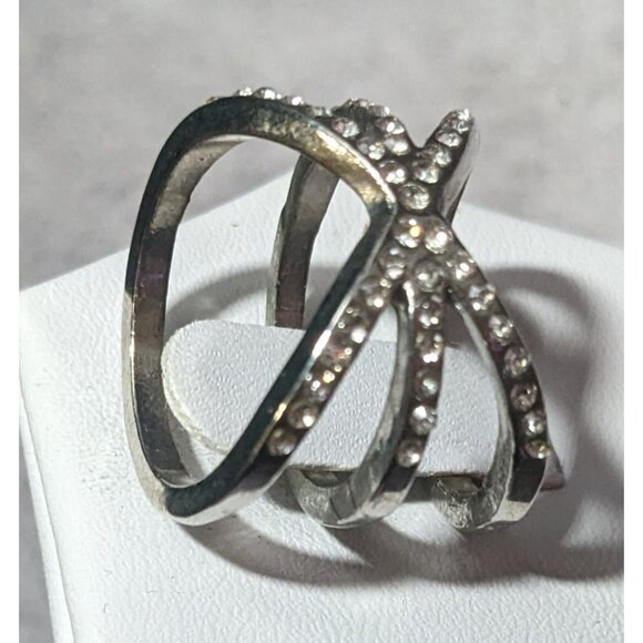Elegant Glam Rhinestone Silver Tone Triple Crossover Ring Size 7 - Picture 8 of 12